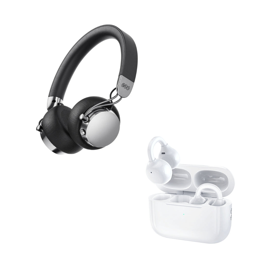 COMBO: Audífonos Inalámbricos retro QCY Era 7-Negro + Audífonos Remax Ear Clip True Wireless Stereo Music OWS-20 Blanco