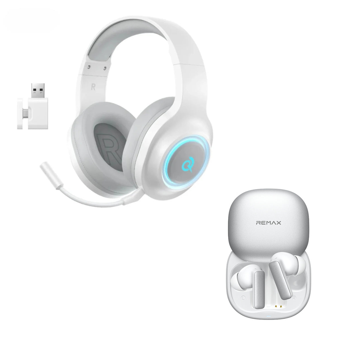 COMBO: Audífonos Inalámbricos Gamer QCY HeroAD V200 triple conexión + Audífono Remax TWS ANC + ENC BT6.0 TWS-18 Blanco