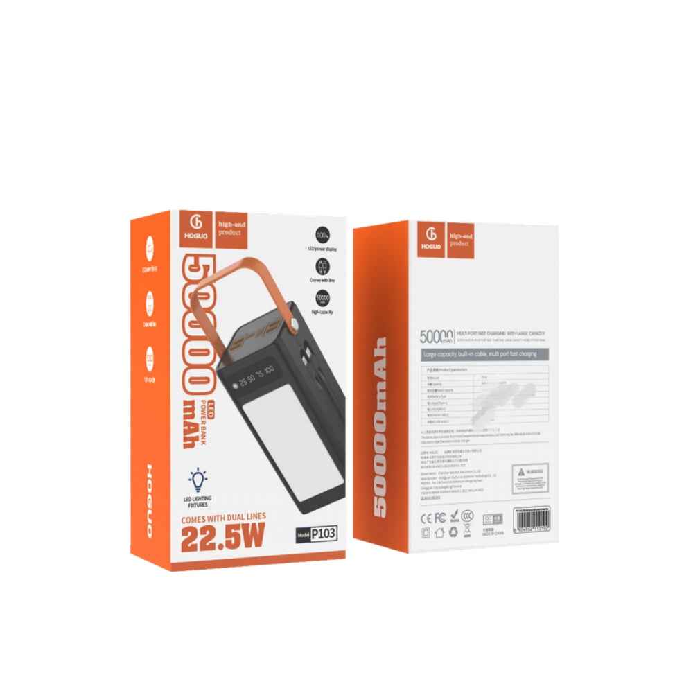 Hoguo - Power Bank 22.5W LED Carga Rápida 500000mAh con Linterna c/cables