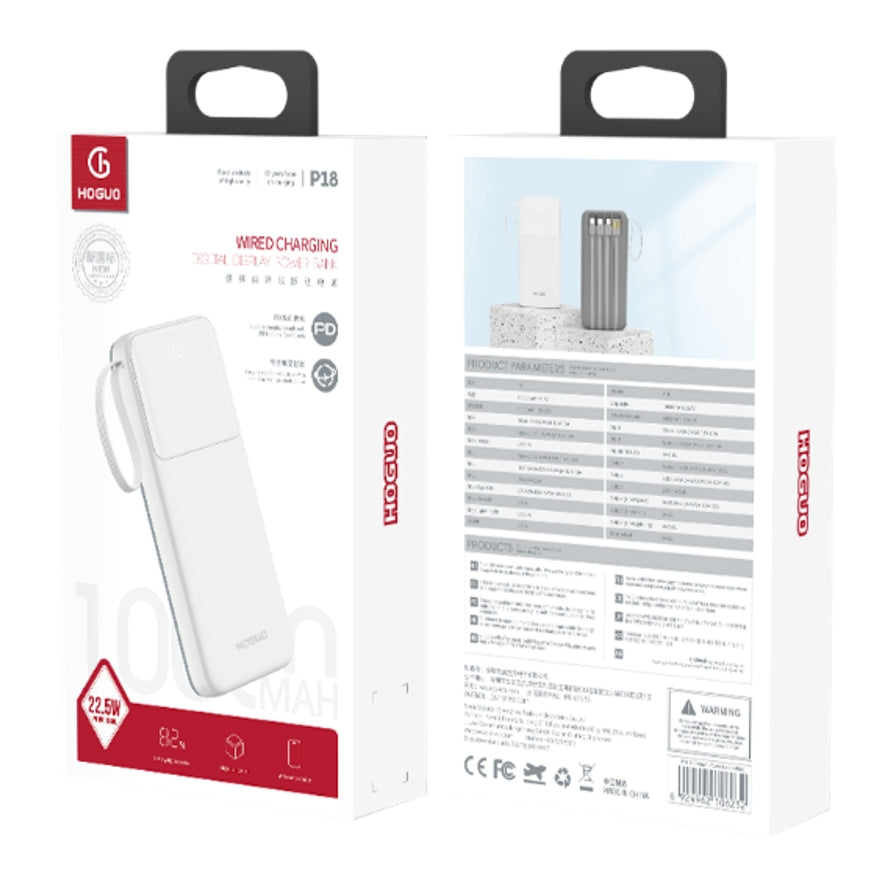 Hoguo - Power Bank 22.5W Display LED Carga Rapida 20000mAh c/cables - Blanco