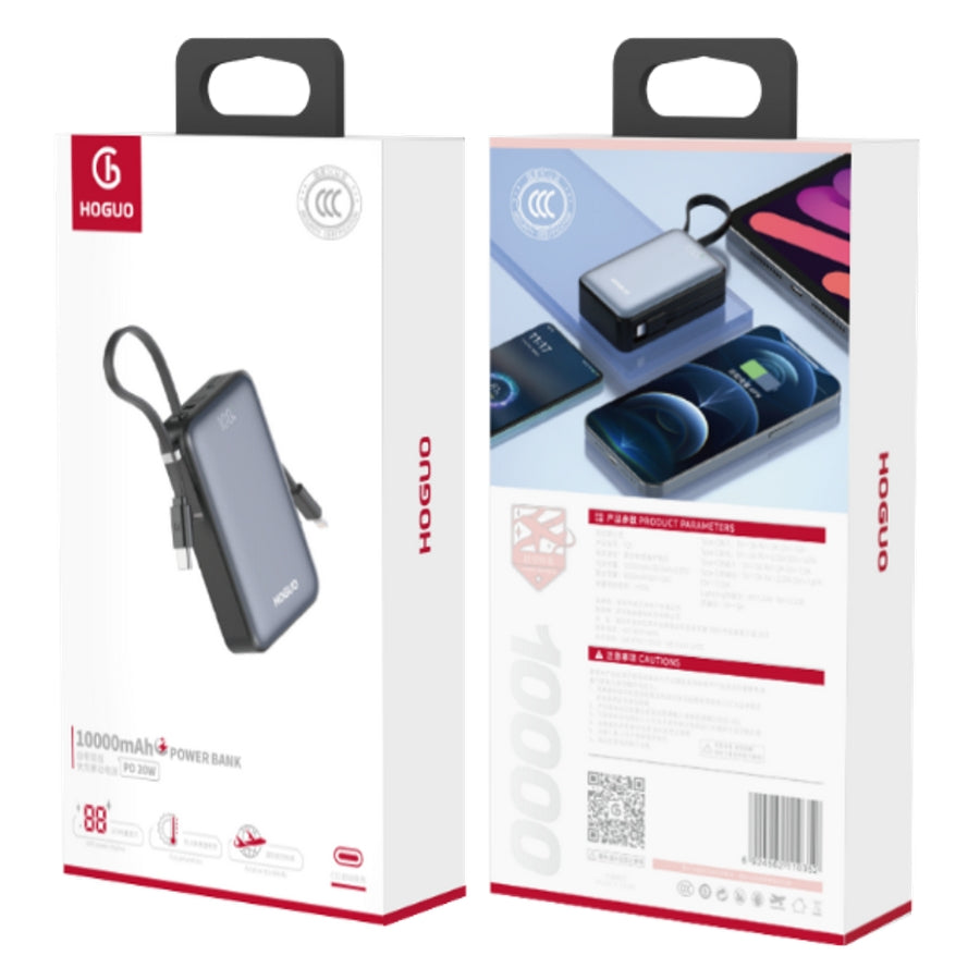 Hoguo - Mini Powerbank 10000mAH Panel LED Carga Rápida 22.5w c/ cables USB-C y Lightning - Negro