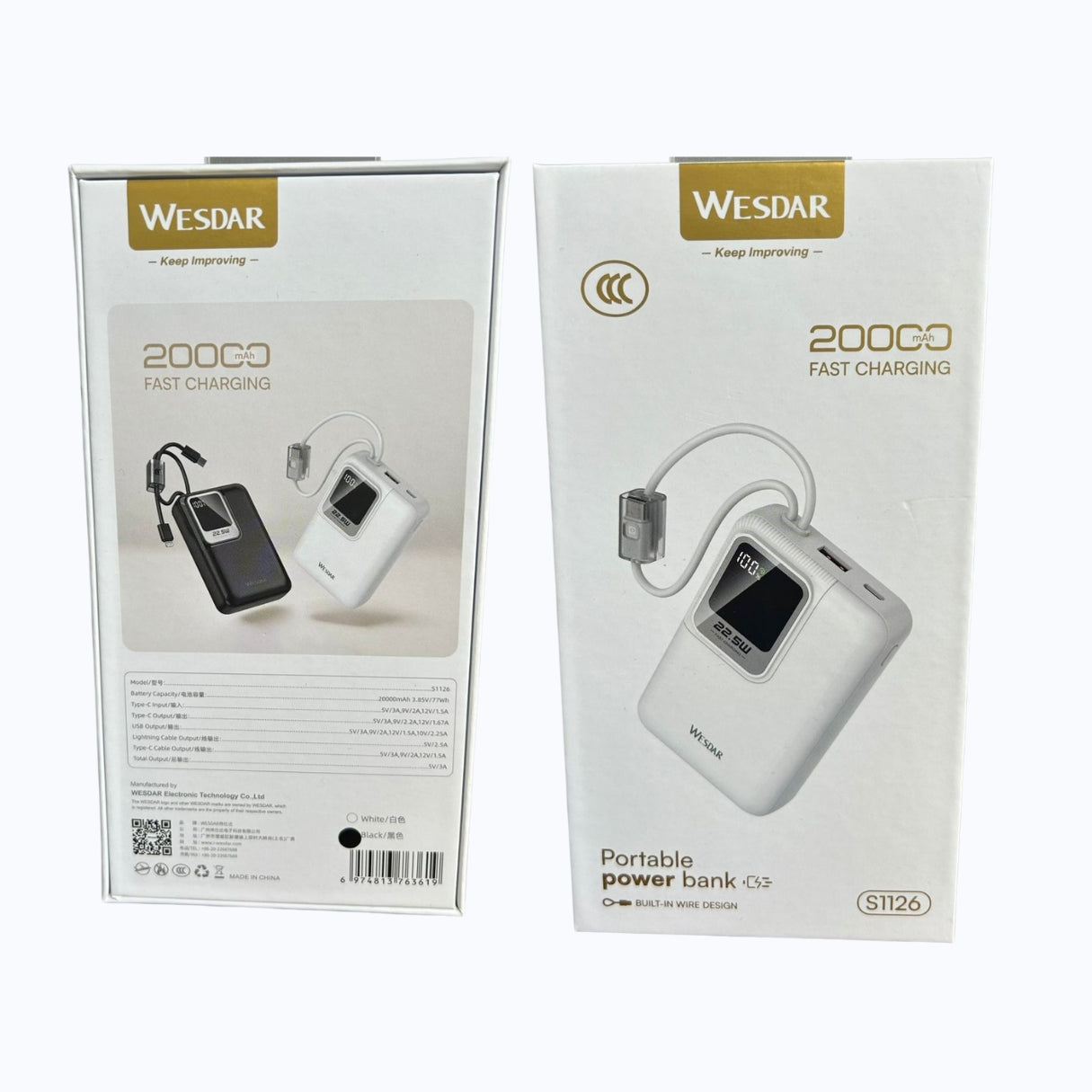 Wesdar - Power Bank 22.5W PD LED Fast Charge c/cable lightning y USB-C 20000mAh - Negro
