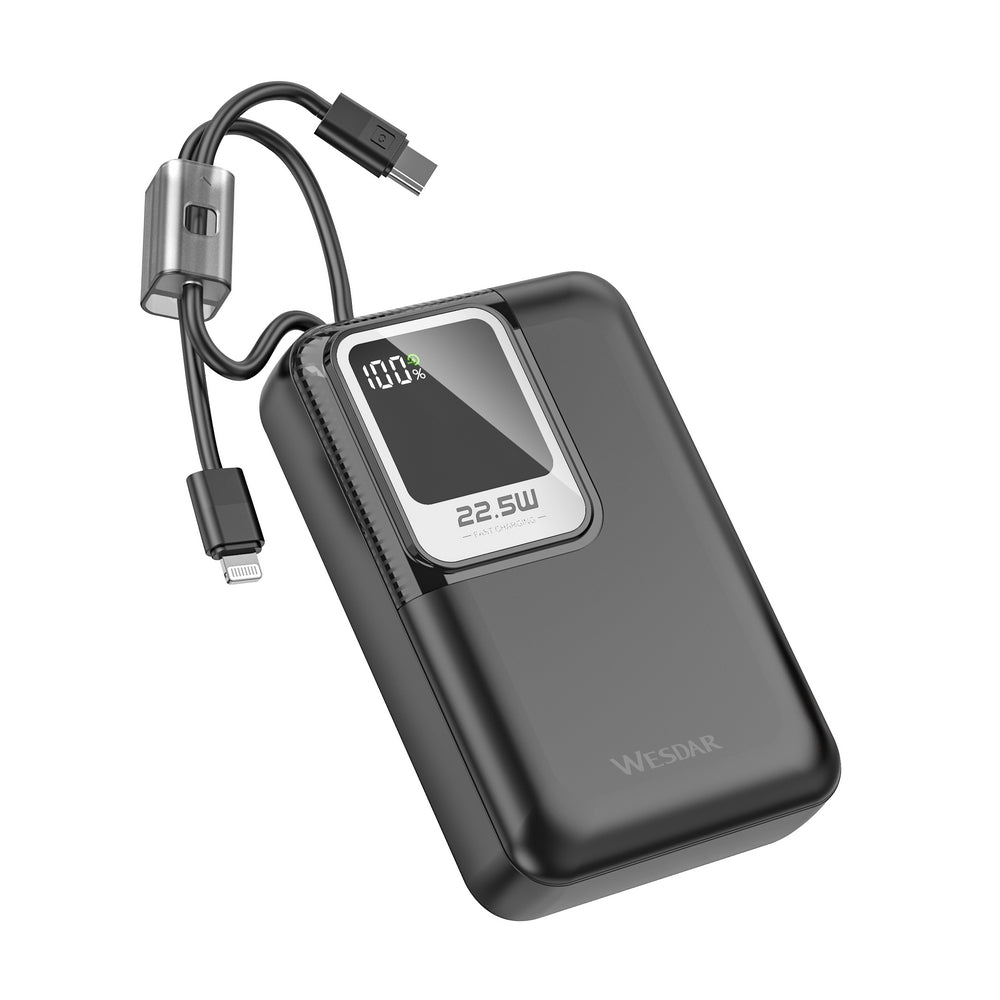 Wesdar - Power Bank 22.5W PD LED Fast Charge c/cable lightning y USB-C 20000mAh - Negro