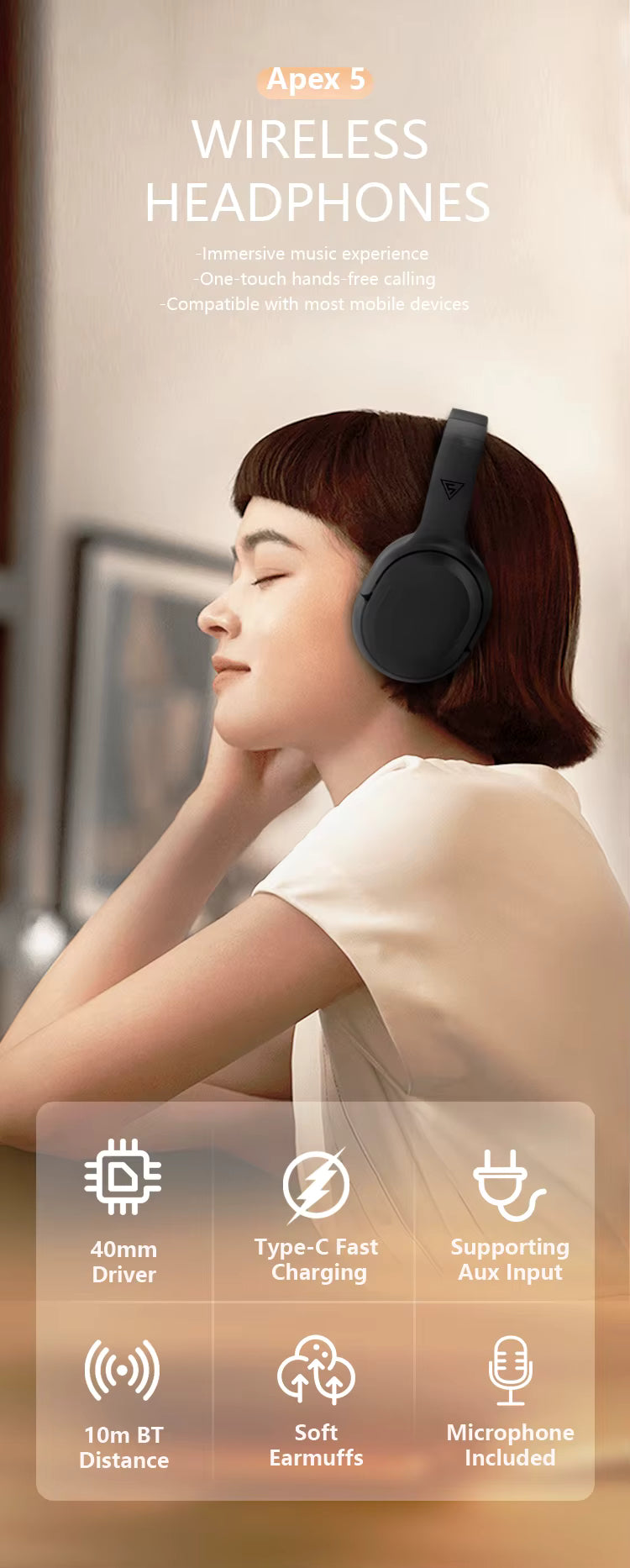 DOQAUS  - Audífonos BT 5.4 Apex 5 HiFi - 40H Batería - Negro