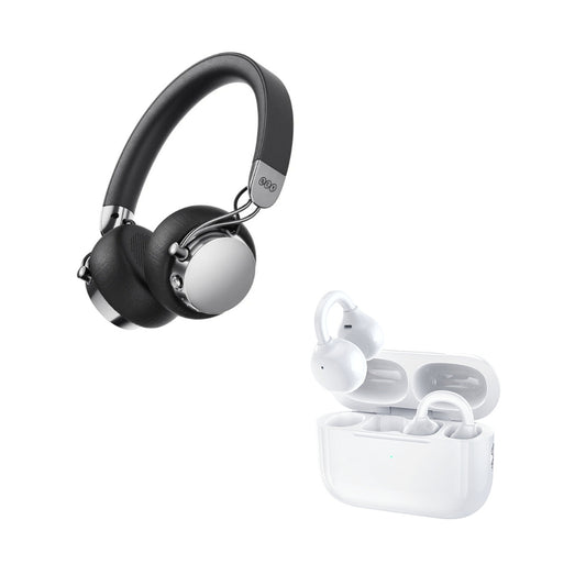 COMBO: Audífonos Inalámbricos retro QCY Era 7-Negro + Audífonos Remax Ear Clip True Wireless Stereo Music OWS-20 Blanco
