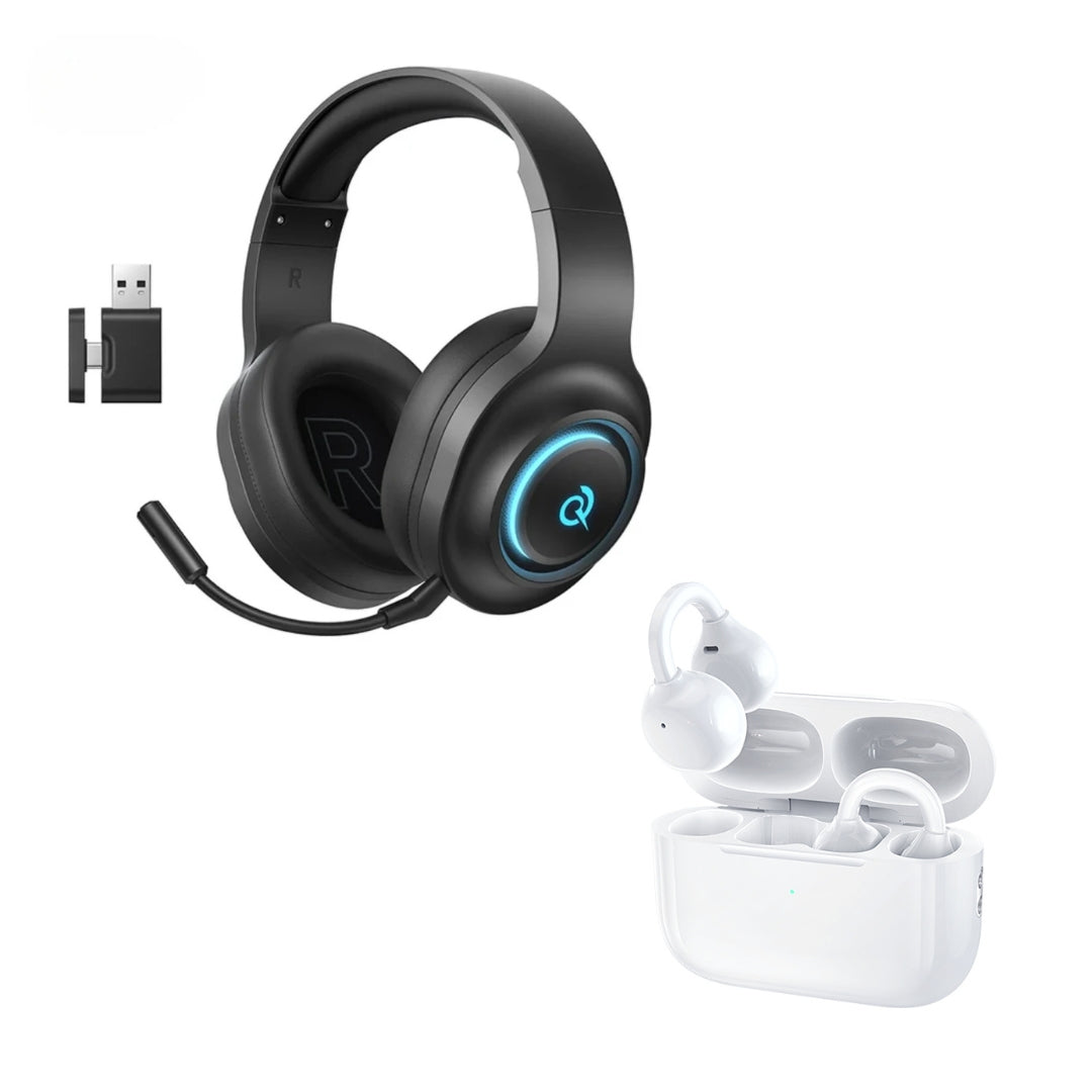 COMBO: Audífonos Inalámbricos QCY Gamer HeroAD V200 triple conexión + Audífono Remax Ear Clip True Wireless Stereo Music OWS-20 Blanco