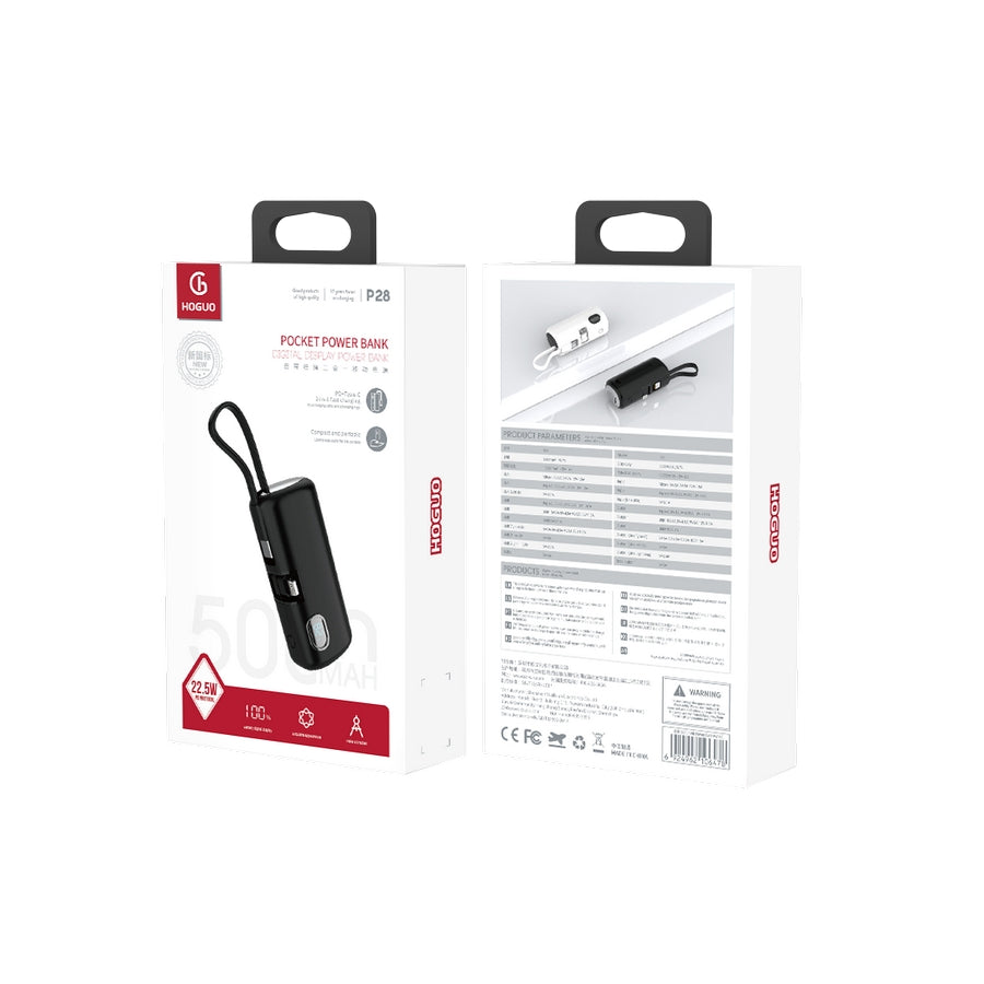 Hoguo - Mini Power Bank 5000mAh Display LED 22.5W c/cables - Negro
