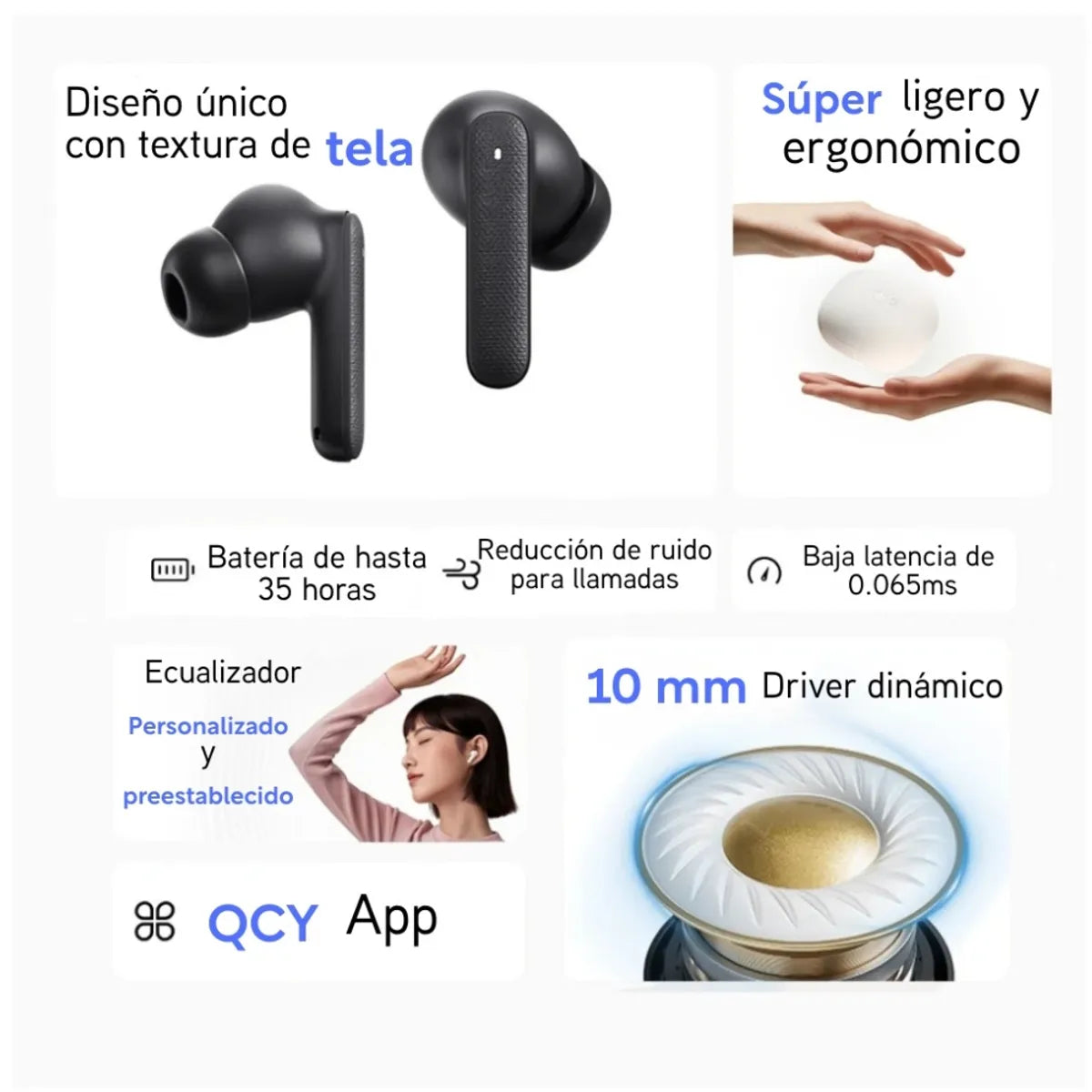 QCY - Audífonos Buds QT43 BT5.3 ENC IPX4 35hrs - Azul