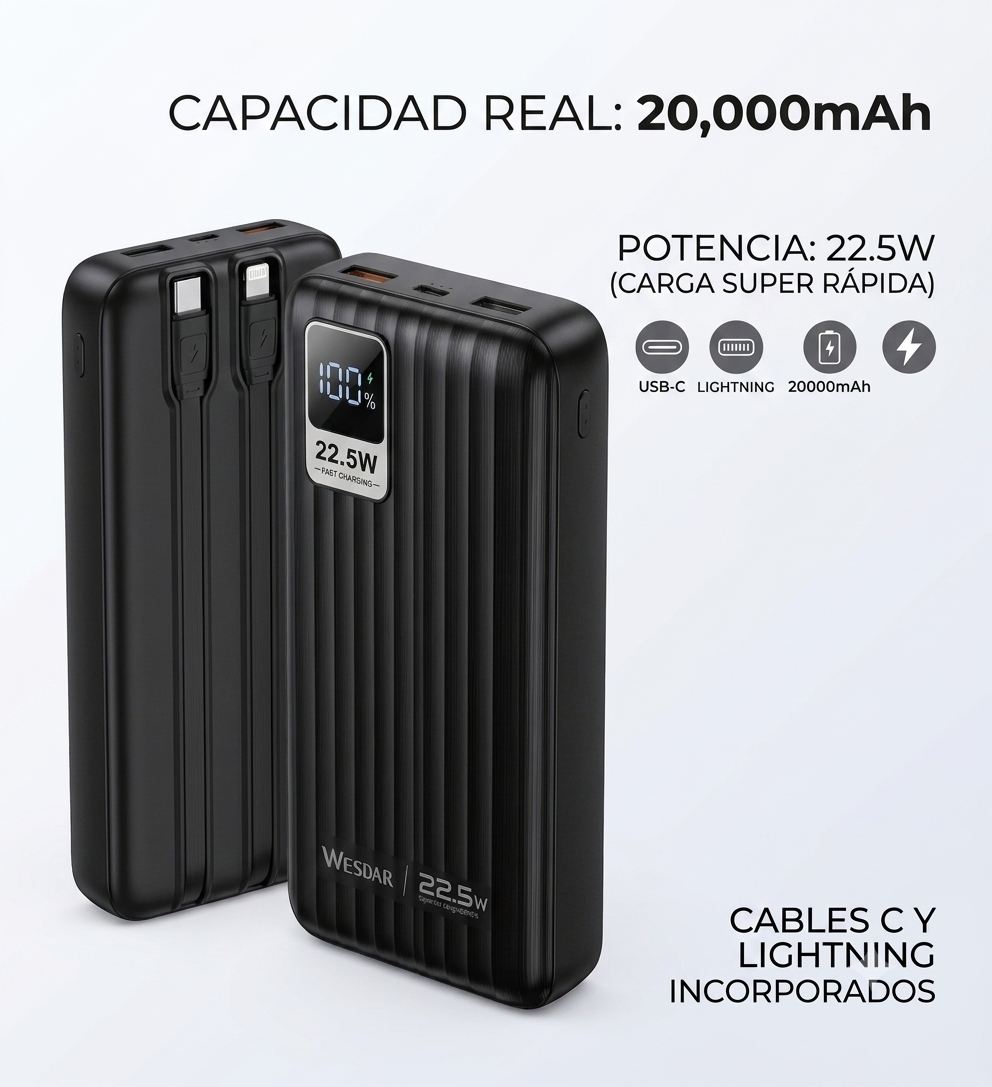 Wesdar - Power Bank 22.5W PD LED Fast Charge c/cable lightning y USB-C 20000mAh - Negro