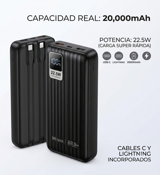 Wesdar - Power Bank 22.5W PD LED Fast Charge c/cable lightning y USB-C 20000mAh - Negro