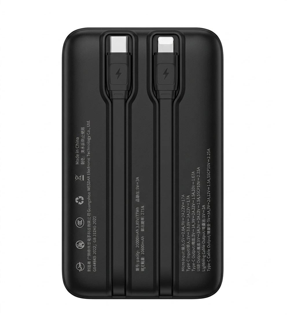 Wesdar - Power Bank 22.5W PD LED Fast Charge c/cable lightning y USB-C 20000mAh - Negro
