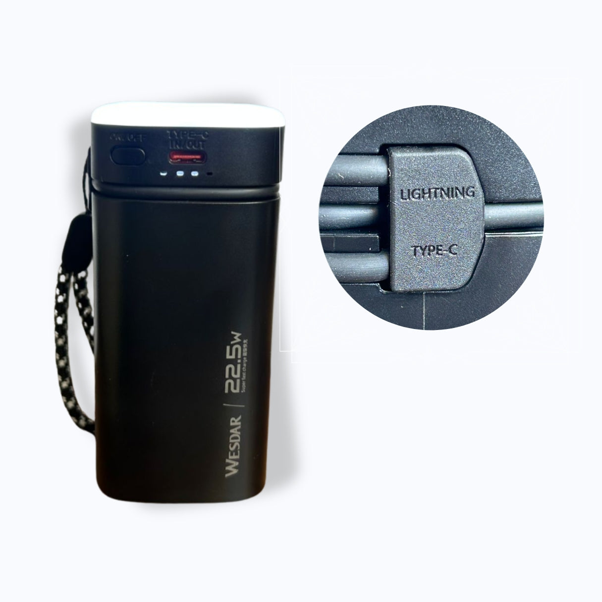 Wesdar - Power Bank 22.5W PD LED Fast Charge c/cable lightning y USB-C 20000mAh - Negro
