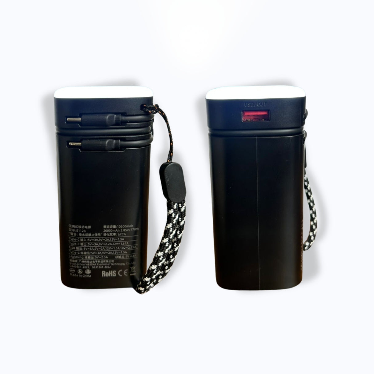 Wesdar - Power Bank 22.5W PD LED Fast Charge c/cable lightning y USB-C 20000mAh - Negro