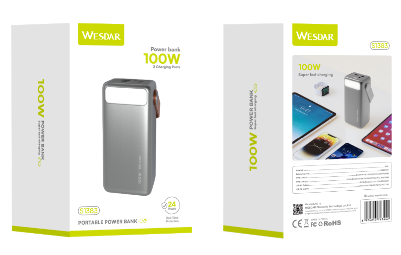 Wesdar - Power Bank Laptop, tablet y Teléfono c/linterna PD 100W 50000mAh - Plata