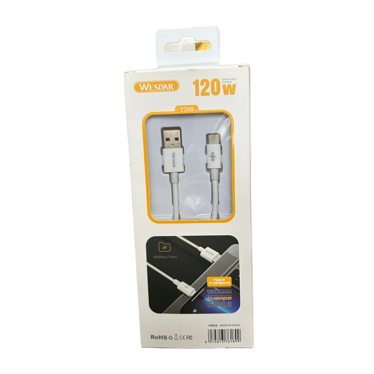 Wesdar - Cable 1.2m Type-C a USB Carga Rápida 120W - Blanco